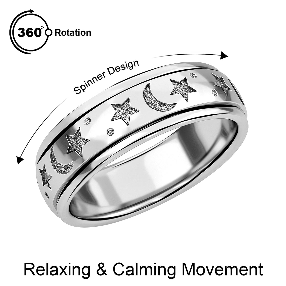 Stars and Moon Spinner Ring in Rhodium Overlay Sterling Silver 7951608 0