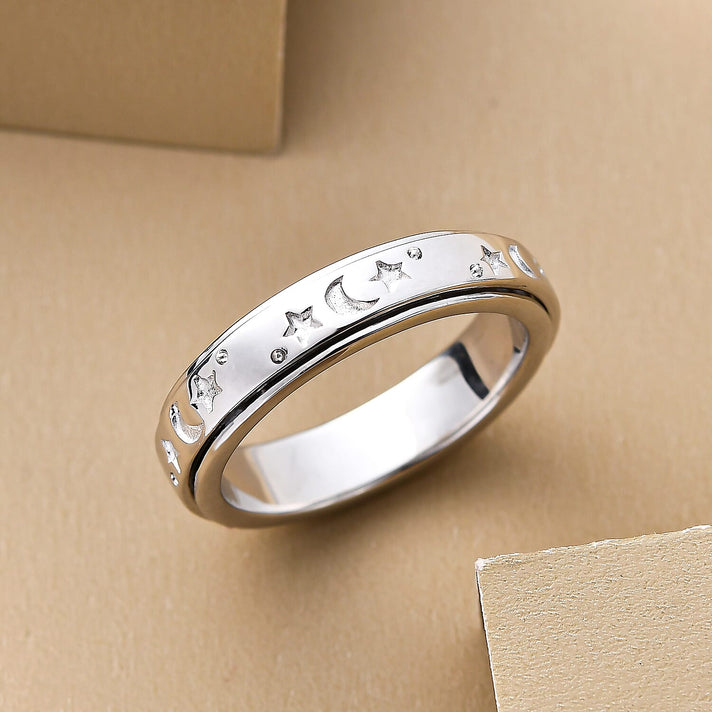 Stars and Moon Spinner Ring in Rhodium Overlay Sterling Silver 7951609 2