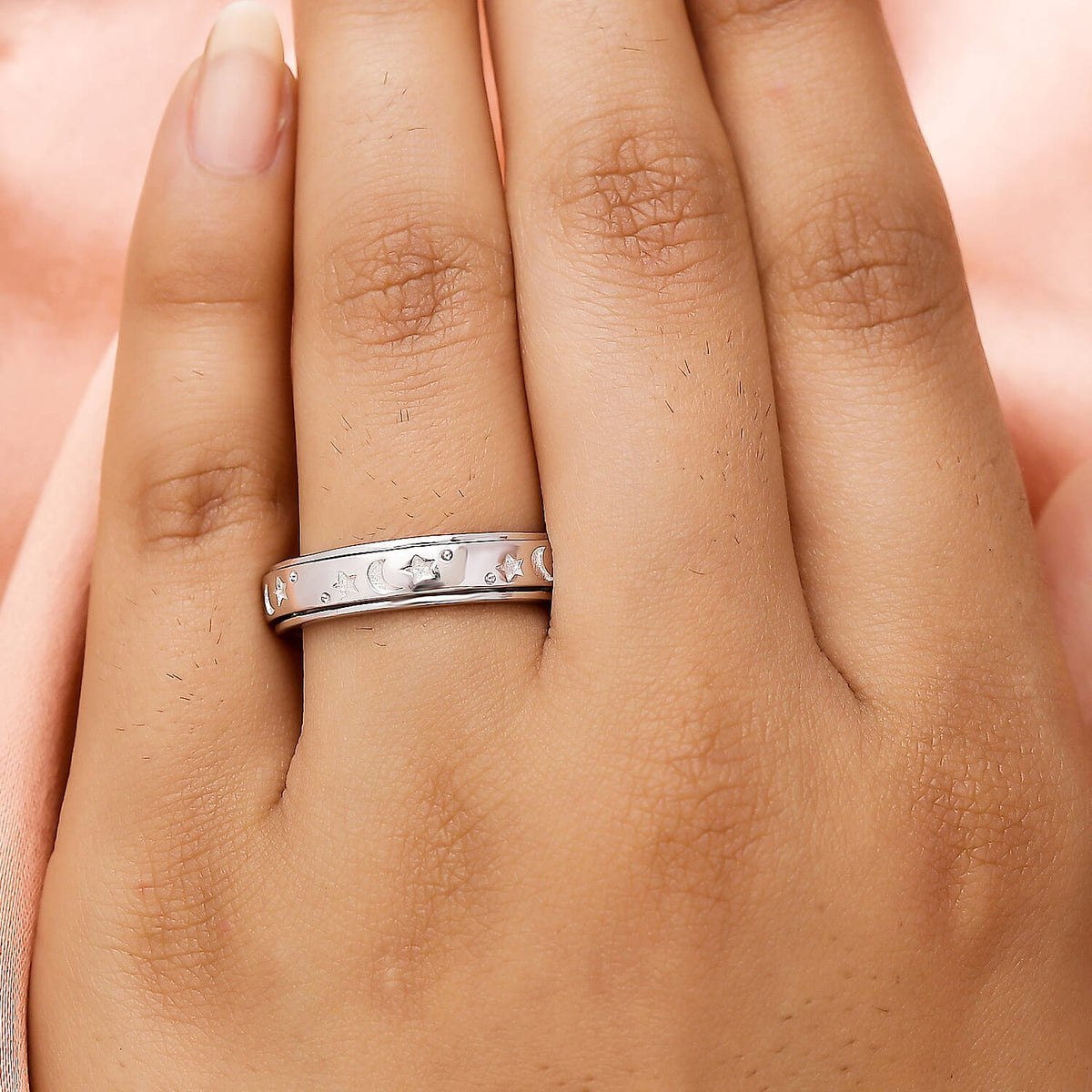 Stars and Moon Spinner Ring in Rhodium Overlay Sterling Silver 7951608 3