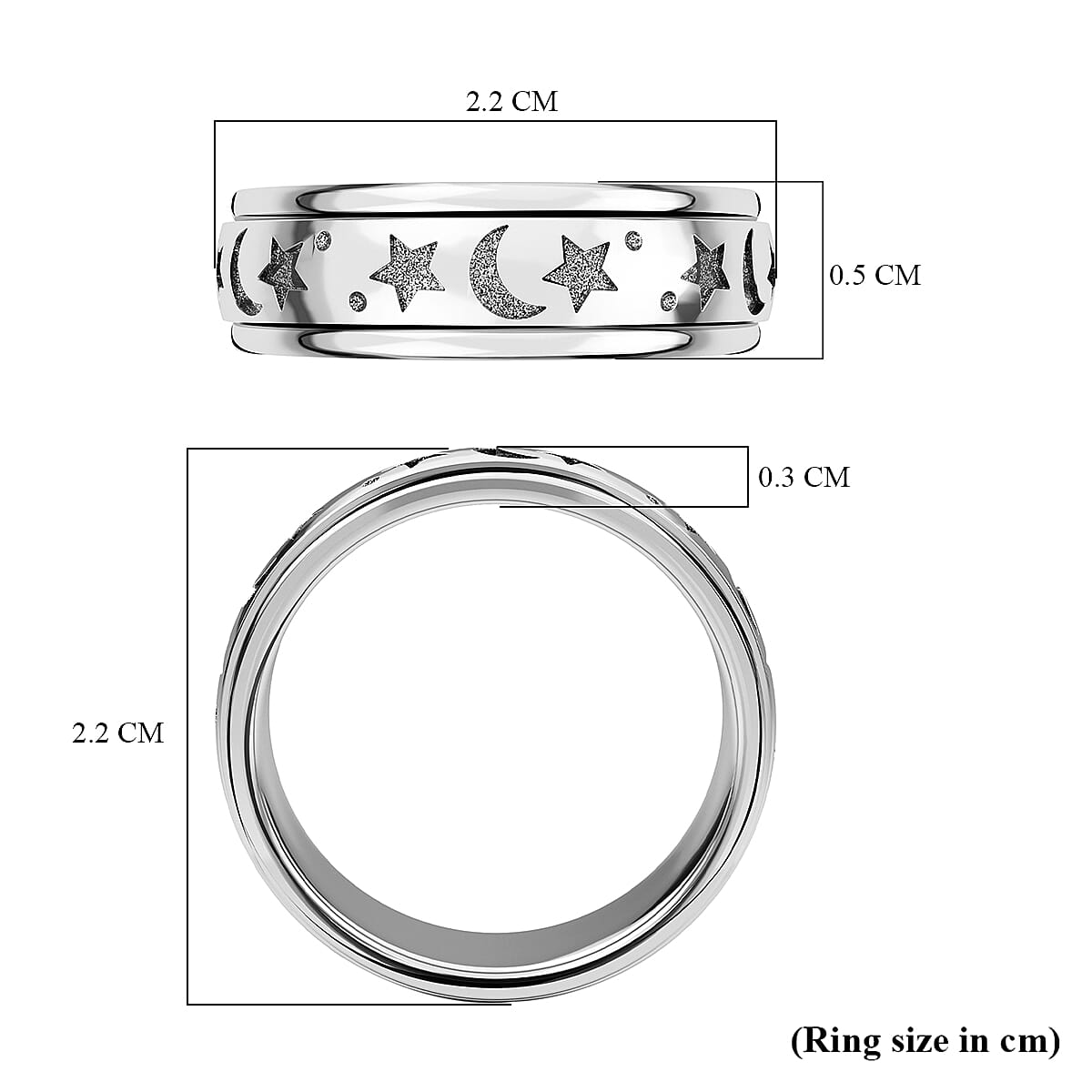 Stars and Moon Spinner Ring in Rhodium Overlay Sterling Silver 7951608 7