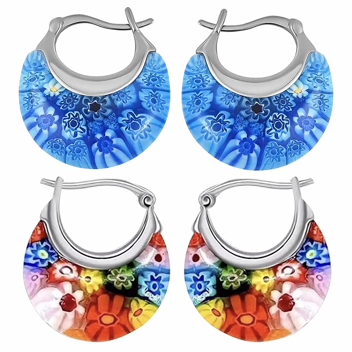 Set of 2 - Multi Colour and Blue Murano Style Basket Earrings in Stainless Steel 221261396 0