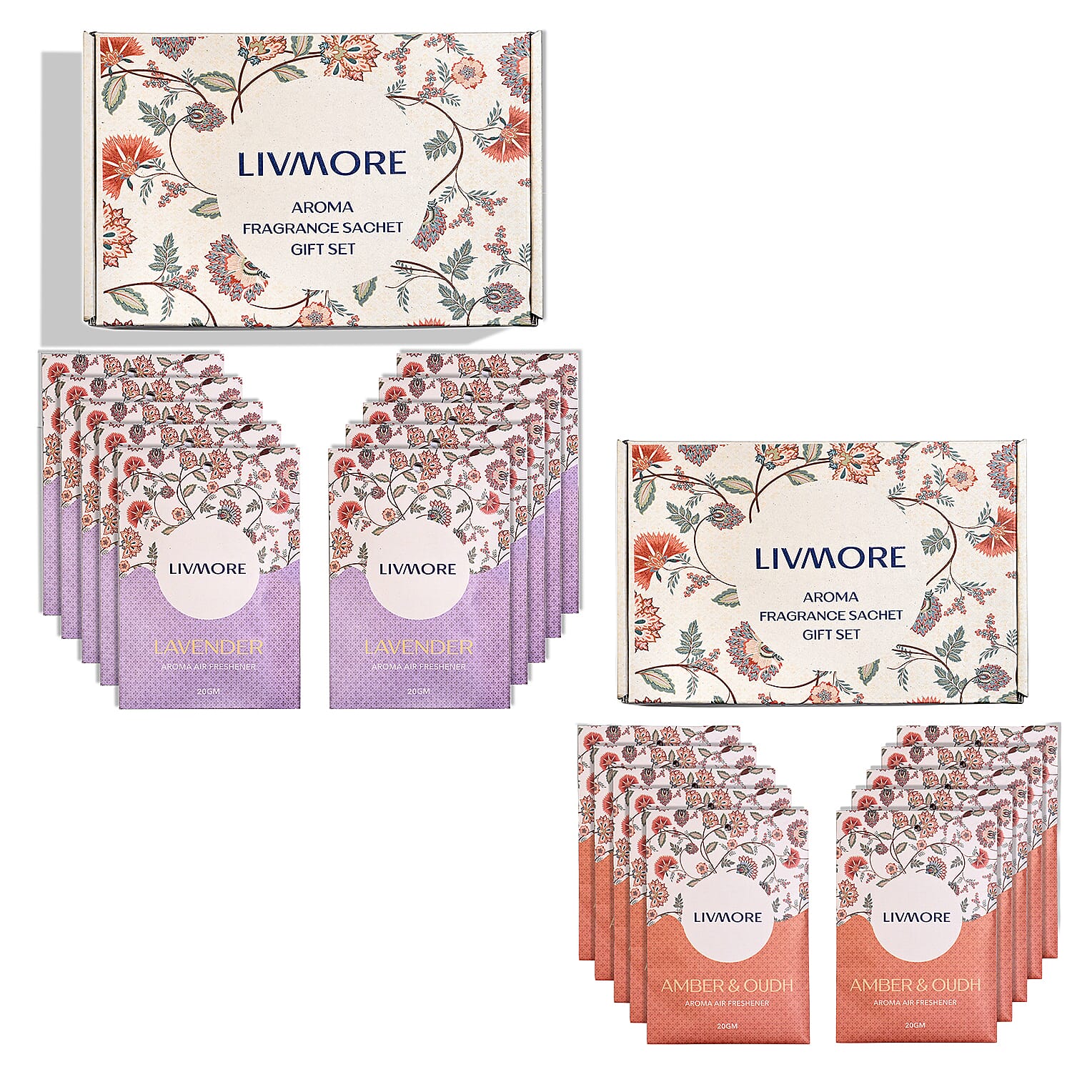 Pack of 20 LIVMORE Scented Sachets â€“ Amber &amp; Oudh + Lavender (20g Each) 221309595 0
