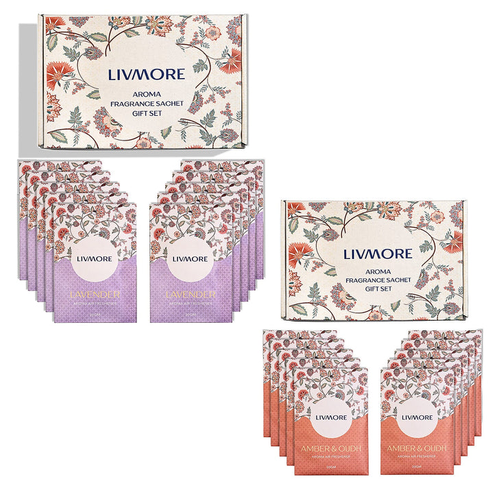 Pack of 20 LIVMORE Scented Sachets â€“ Amber &amp; Oudh + Lavender (20g Each) 221309595 1
