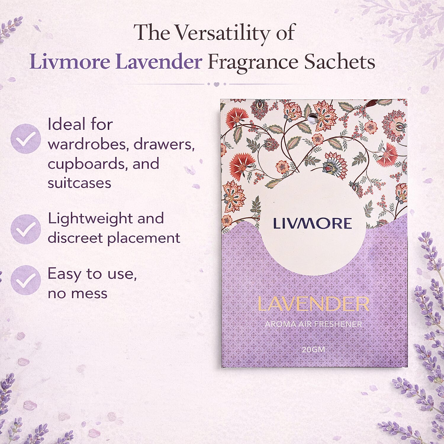 Pack of 20 LIVMORE Scented Sachets â€“ Amber &amp; Oudh + Lavender (20g Each) 221309595 6