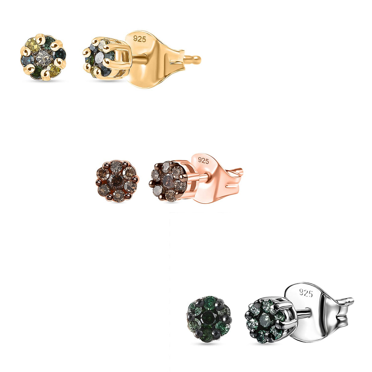 Set of 3 D'Joy Natural Diamond Cluster Earrings with Push Back in Sterling Silver (Champagne, Green &amp; Multi-Colour Diamonds) 221309611 0