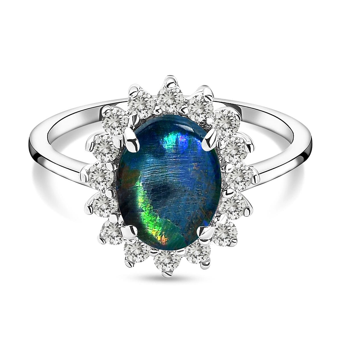Rare AAA Australian Boulder Opal with Cambodian Zircon Princess Diana Inspired Halo Ring in Sterling Silver 2.56 Ct. 2972655 0
