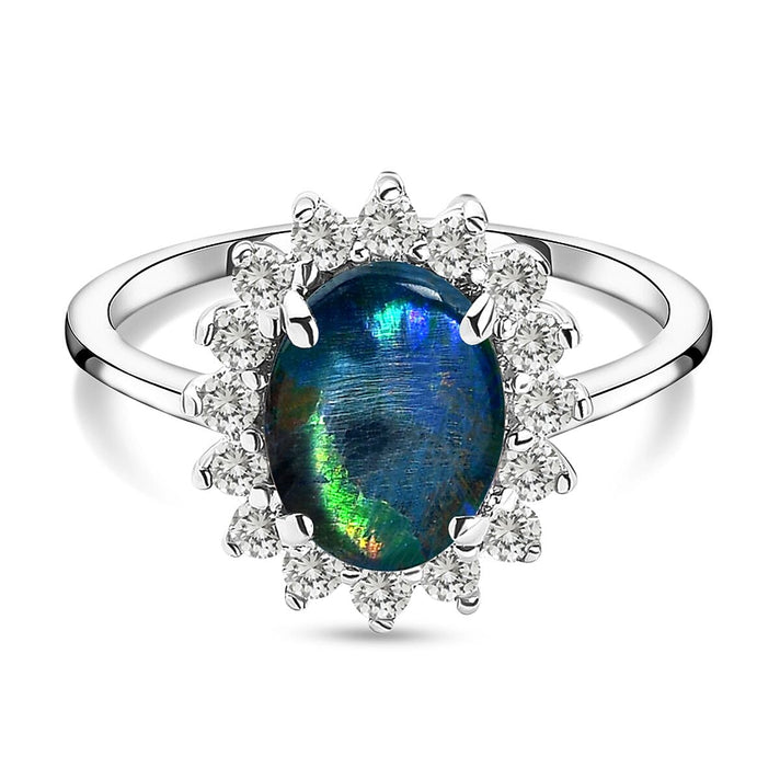 Rare AAA Australian Boulder Opal with Cambodian Zircon Princess Diana Inspired Halo Ring in Sterling Silver 2.56 Ct. 2972655 1