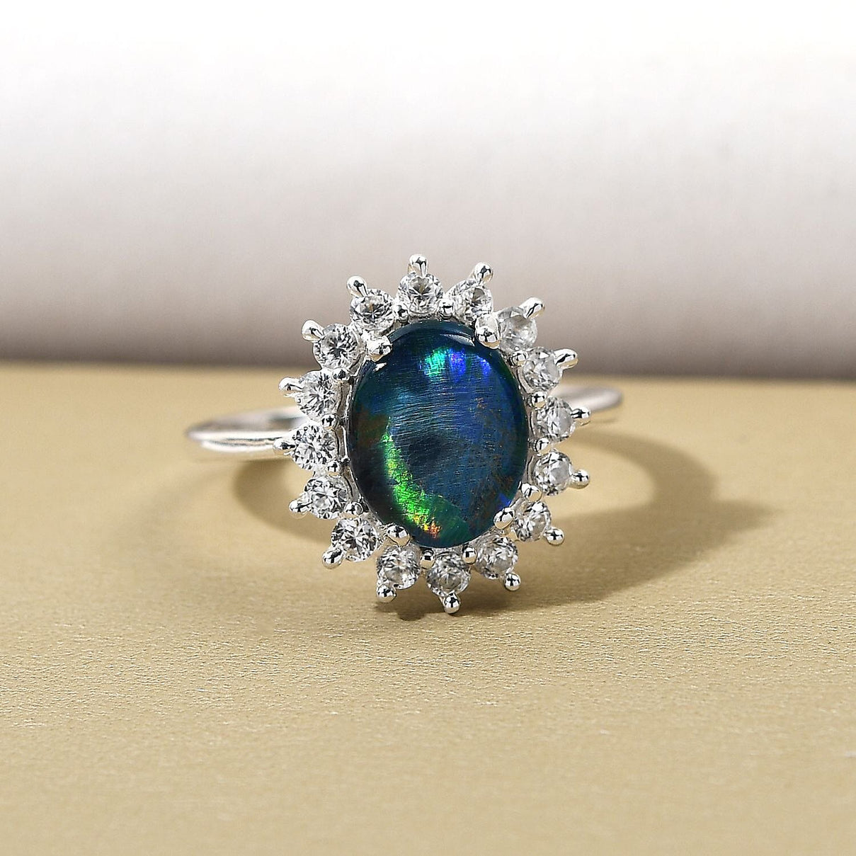 Rare AAA Australian Boulder Opal with Cambodian Zircon Princess Diana Inspired Halo Ring in Sterling Silver 2.56 Ct. 2972655 2