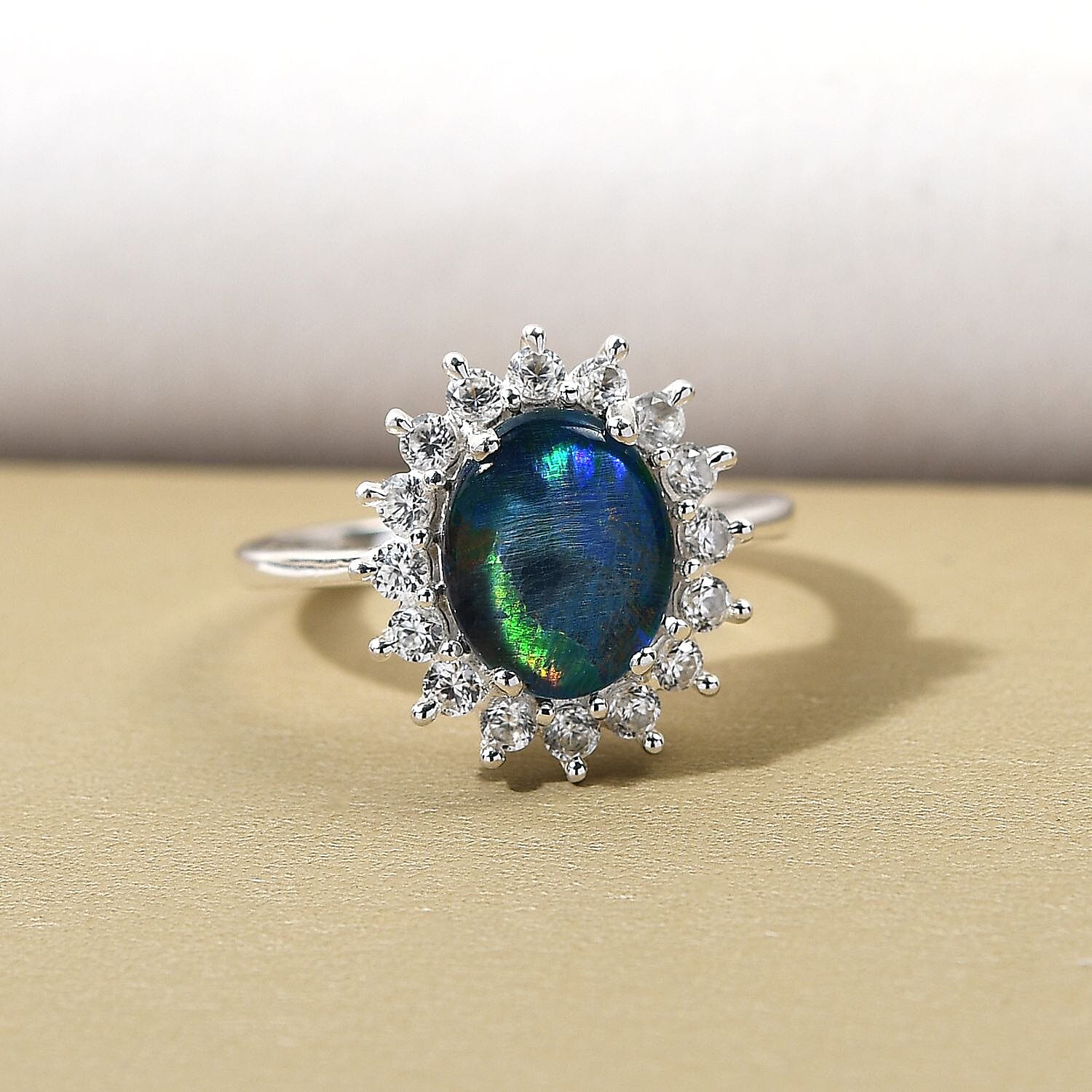 Rare AAA Australian Boulder Opal with Cambodian Zircon Princess Diana Inspired Halo Ring in Sterling Silver 2.56 Ct. 2972655 2