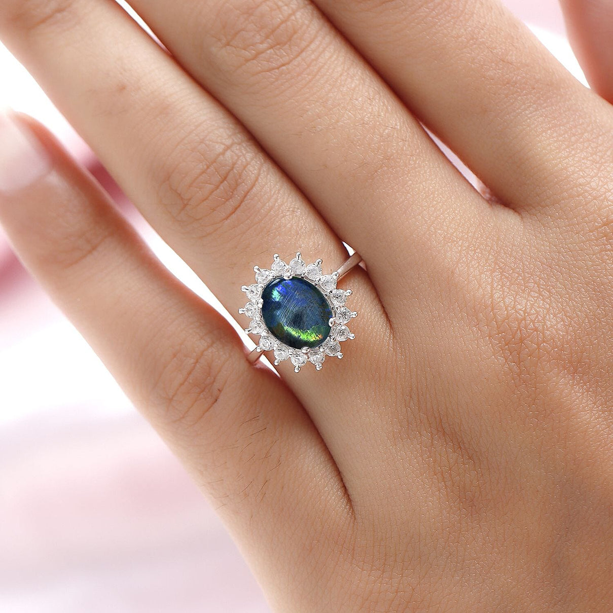 Rare AAA Australian Boulder Opal with Cambodian Zircon Princess Diana Inspired Halo Ring in Sterling Silver 2.56 Ct. 2972655 3
