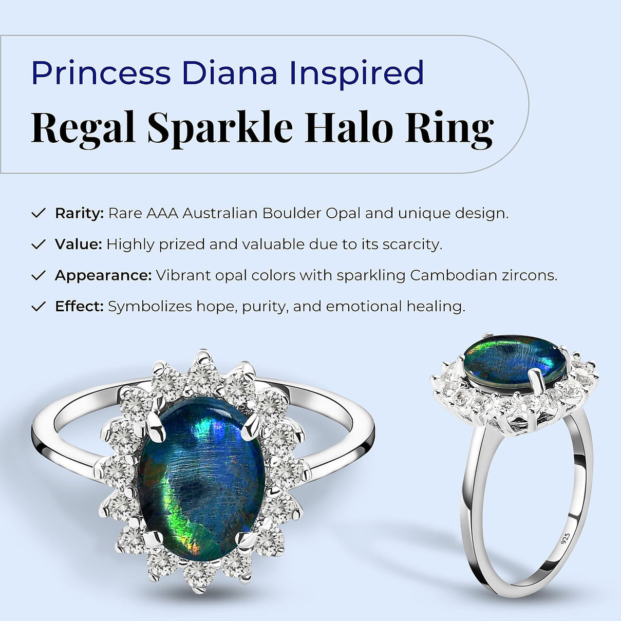 Rare AAA Australian Boulder Opal with Cambodian Zircon Princess Diana Inspired Halo Ring in Sterling Silver 2.56 Ct. 2972655 4