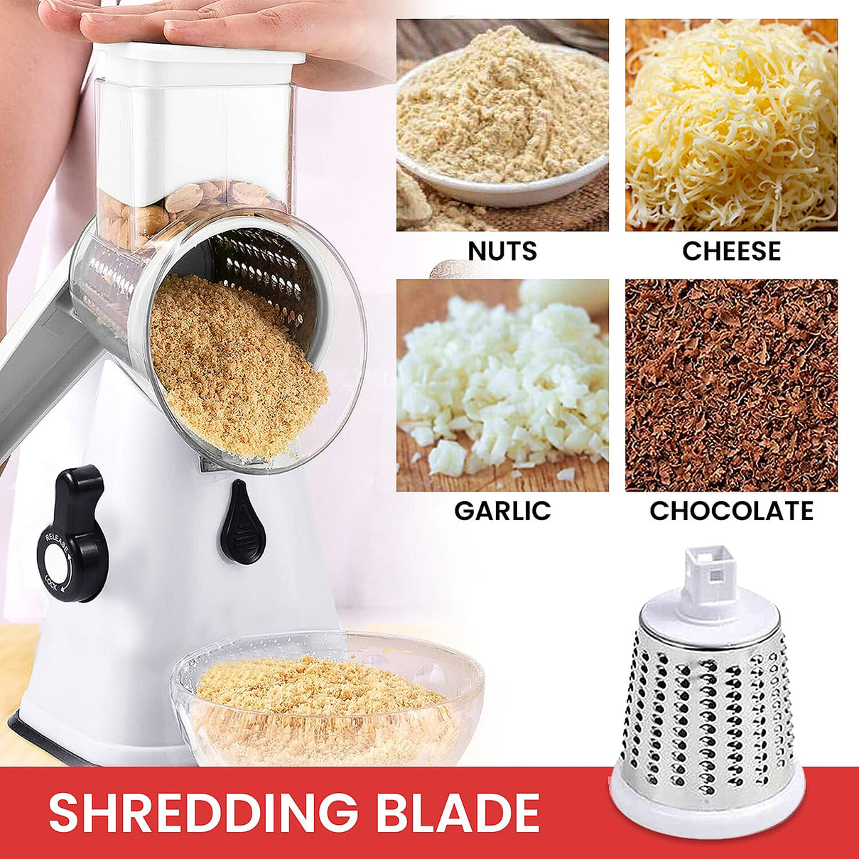 Rotary Cheese Grater Vegetable &amp; Fruit Slicer 3-in-1 with Slicing Shredding and Grating Blades - White V32491127 2