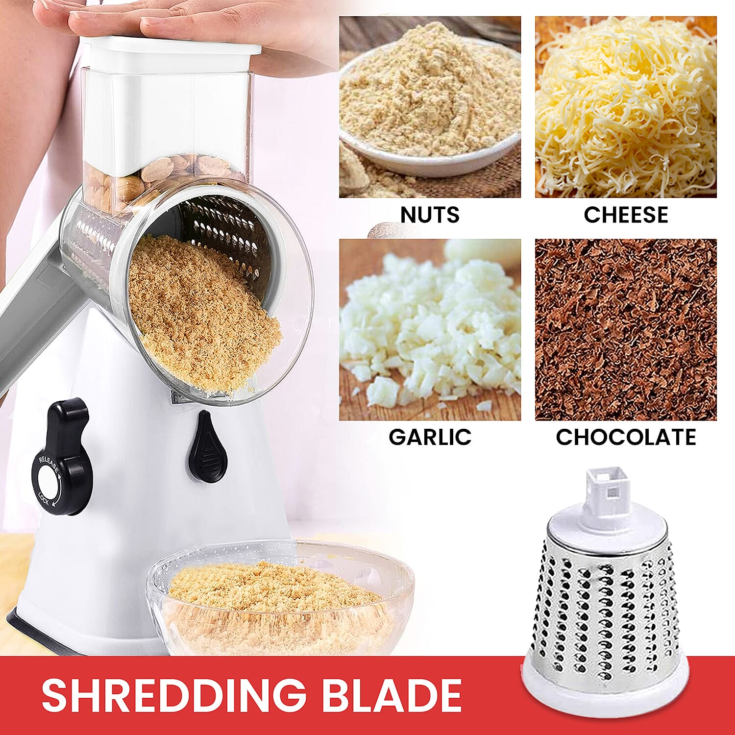 Rotary Cheese Grater Vegetable &amp; Fruit Slicer 3-in-1 with Slicing Shredding and Grating Blades - White V32491127 2