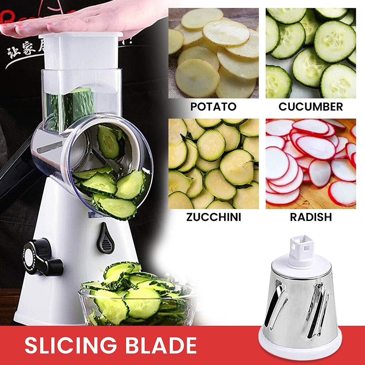 Rotary Cheese Grater Vegetable &amp; Fruit Slicer 3-in-1 with Slicing Shredding and Grating Blades - White V32491127 3