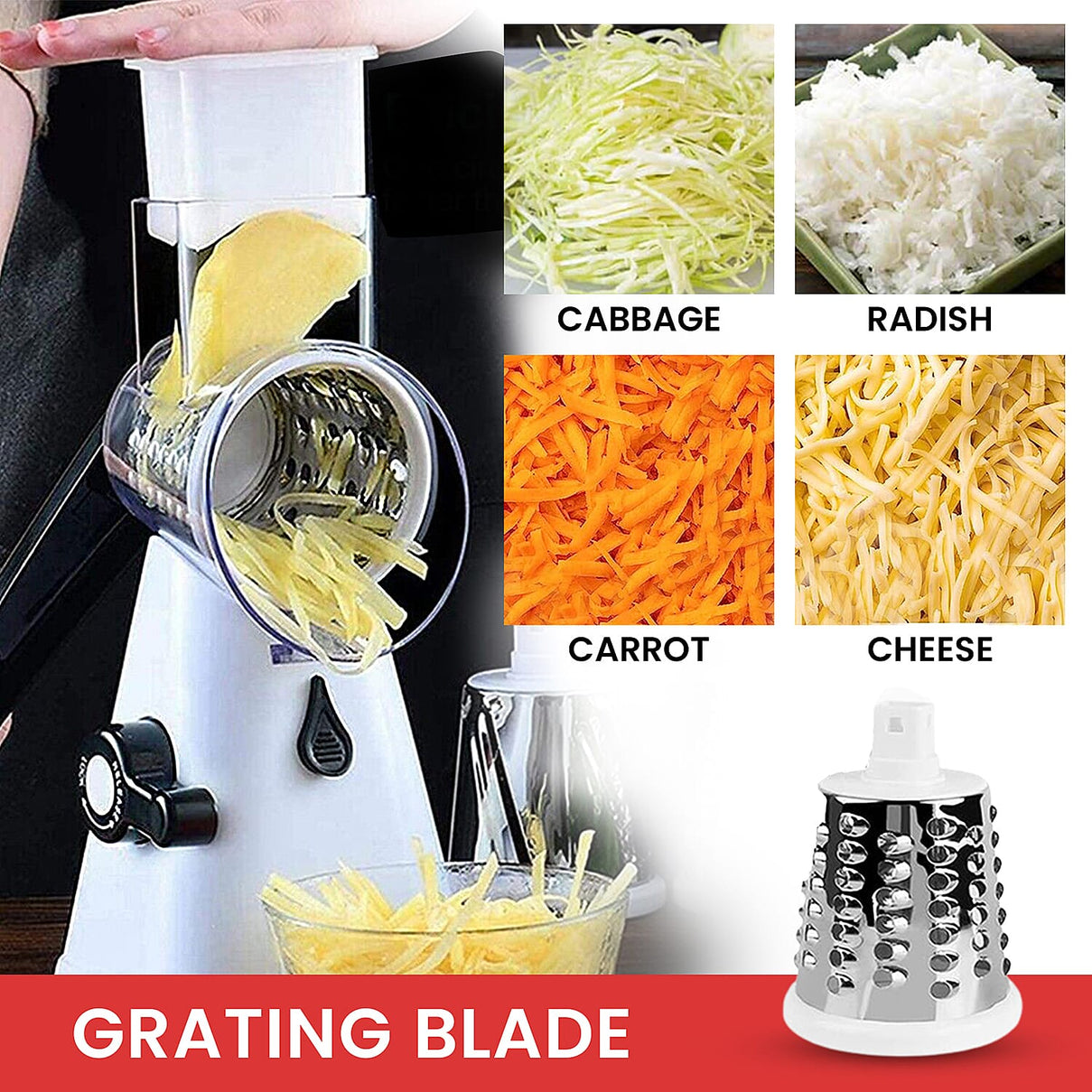 Rotary Cheese Grater Vegetable &amp; Fruit Slicer 3-in-1 with Slicing Shredding and Grating Blades - White V32491127 4