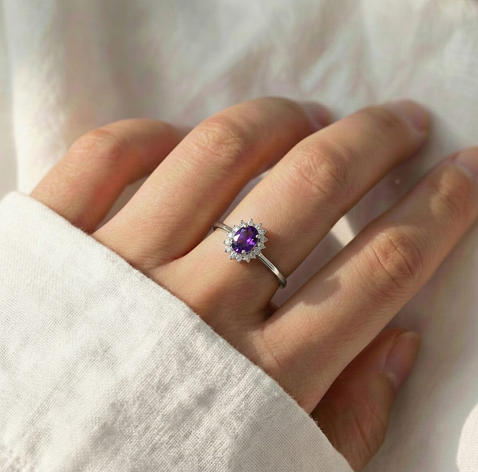 Princess Diana Inspired Amethyst February Birthstone Halo Ring in Sterling Silver with Platinum Plating 3811671 6