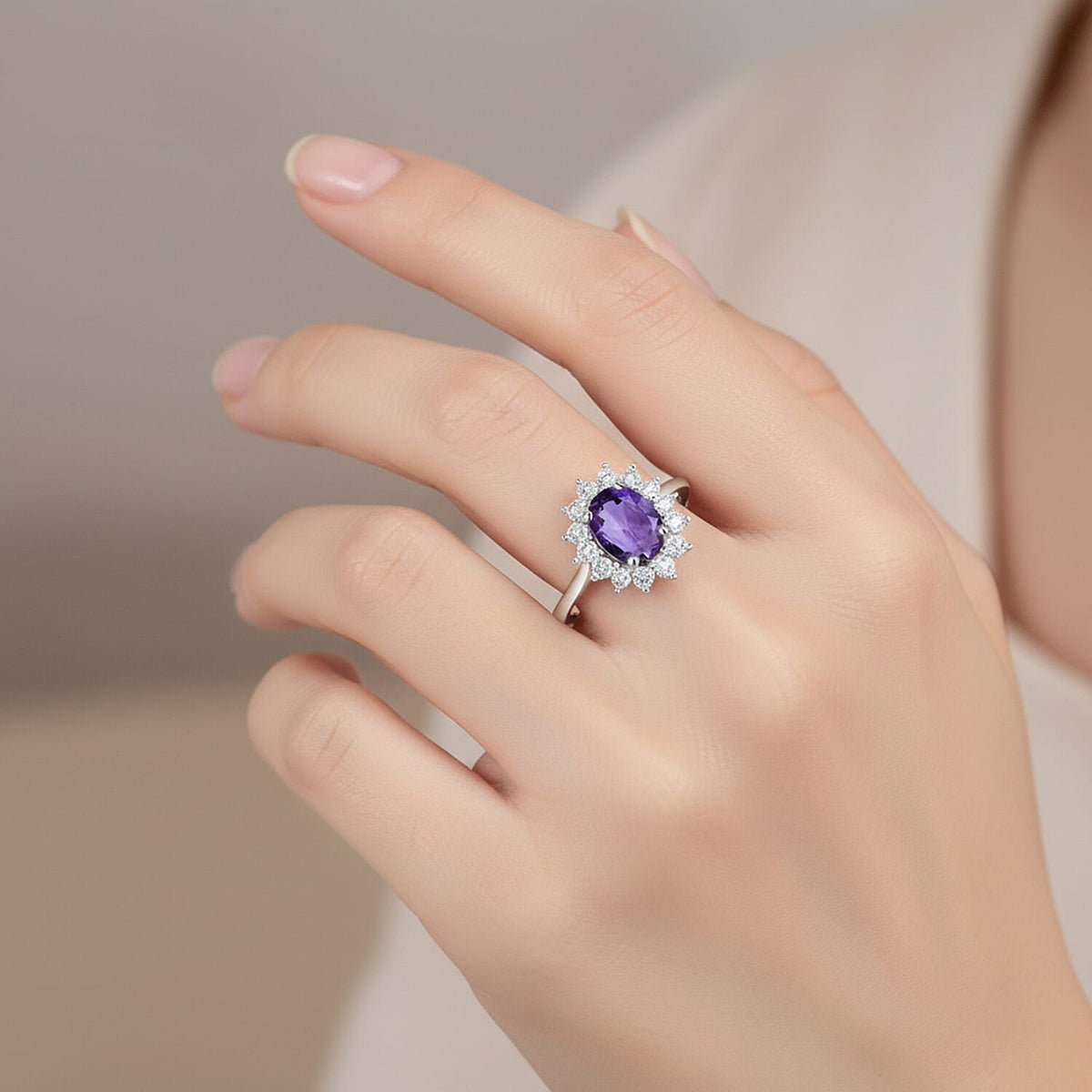 Princess Diana Inspired Amethyst February Birthstone Halo Ring in Sterling Silver with Platinum Plating 3811677 2
