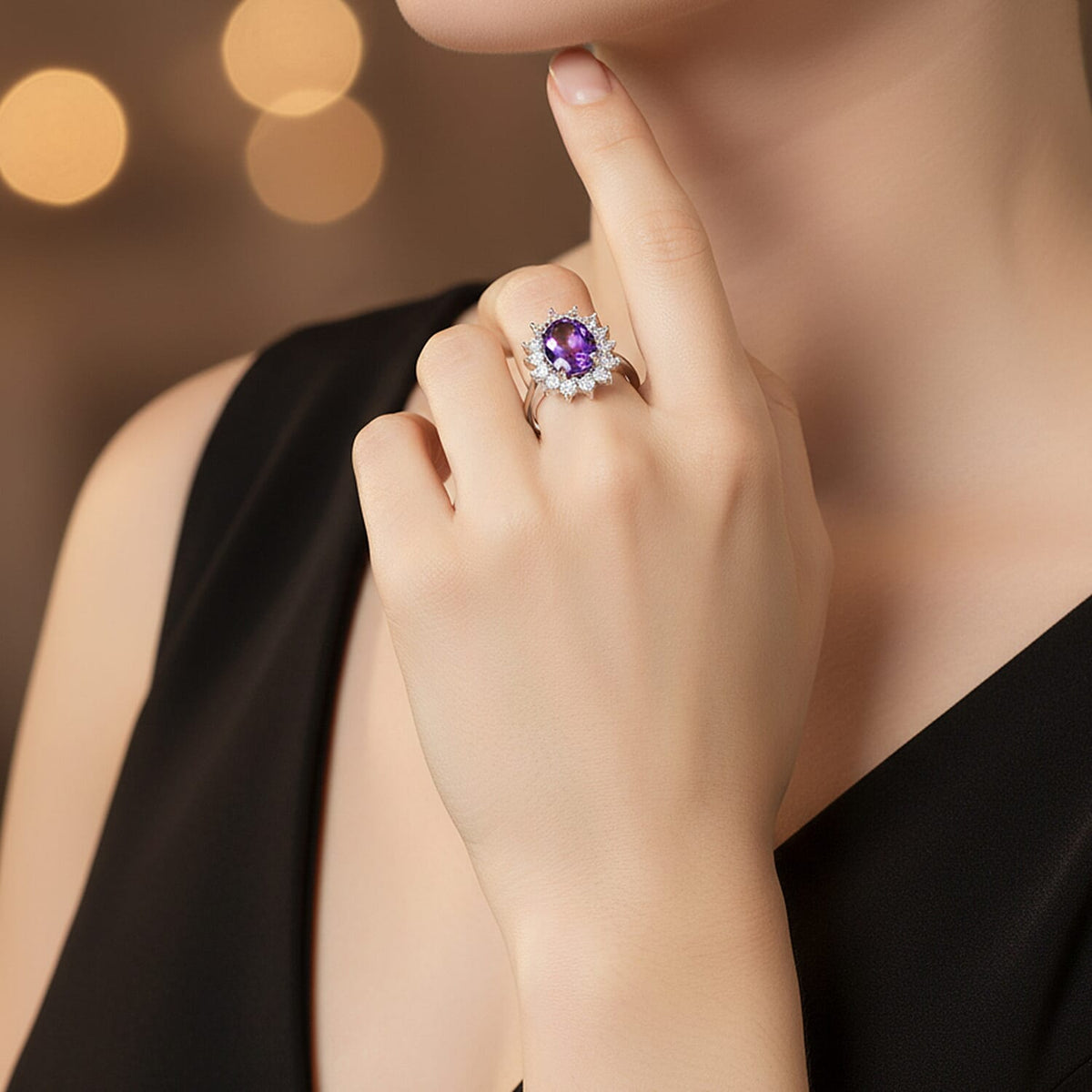 Princess Diana Inspired Amethyst February Birthstone Halo Ring in Sterling Silver with Platinum Plating 3811677 3