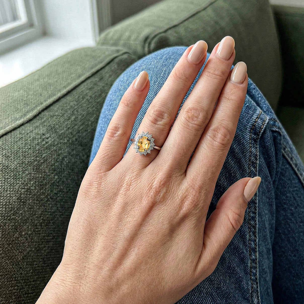 Princess Diana Inspired Citrine November Birthstone Halo Ring in Sterling Silver with Platinum Plating 3811695 4