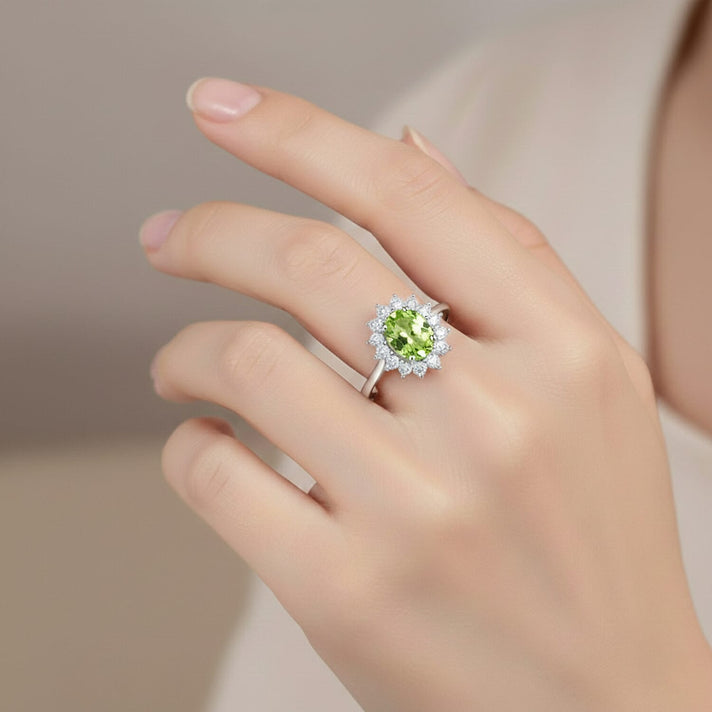 Princess Diana Inspired Hebei Peridot August Birthstone Halo Ring in Sterling Silver with Platinum Plating 3811722 2