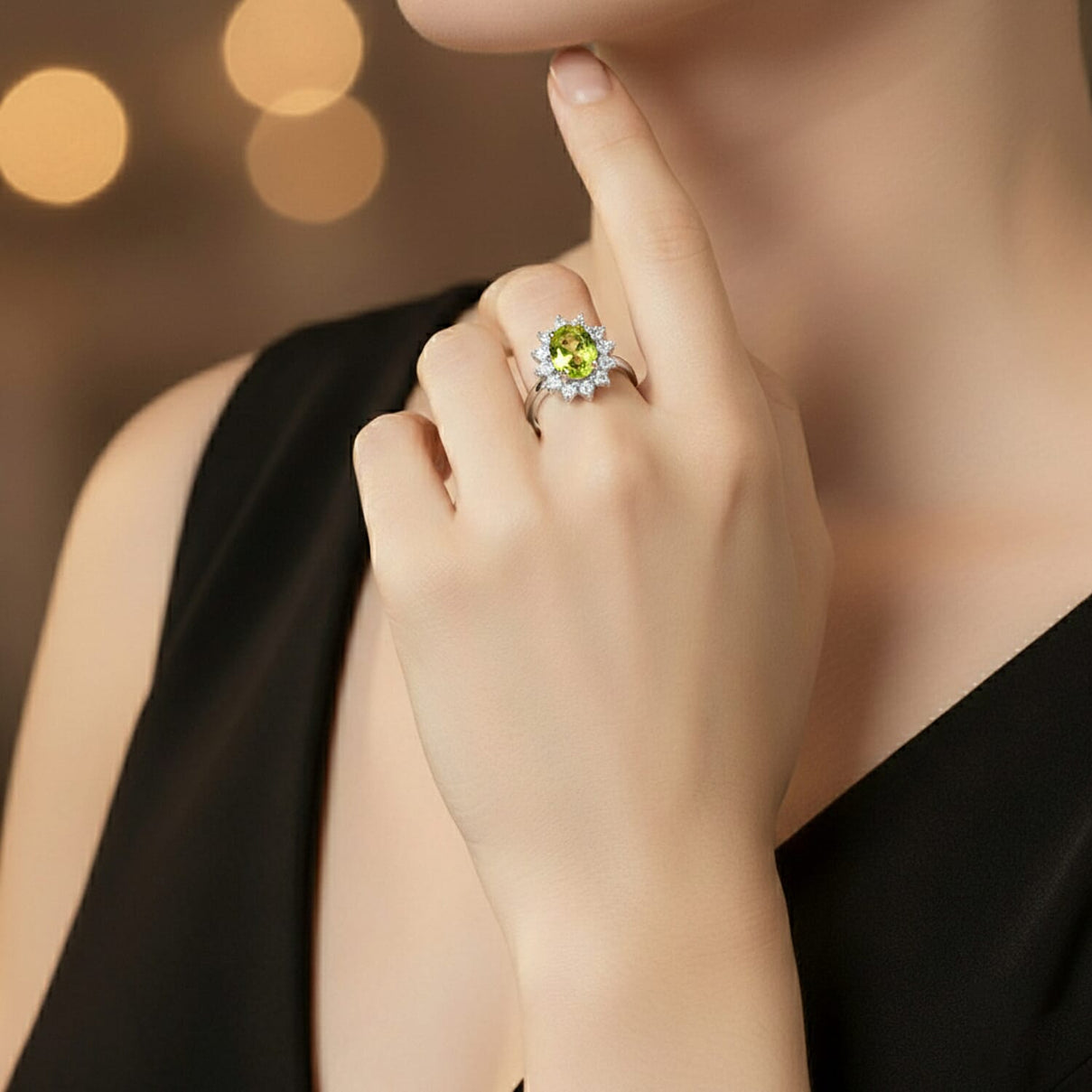 Princess Diana Inspired Hebei Peridot August Birthstone Halo Ring in Sterling Silver with Platinum Plating 3811722 3