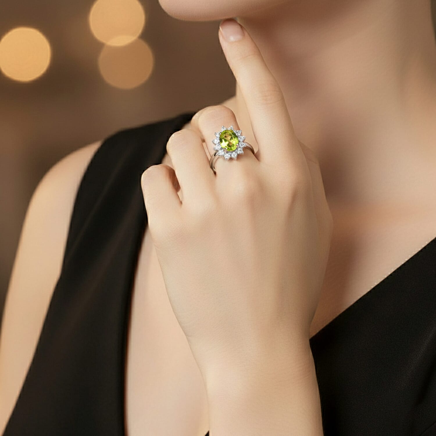Princess Diana Inspired Hebei Peridot August Birthstone Halo Ring in Sterling Silver with Platinum Plating 3811722 3