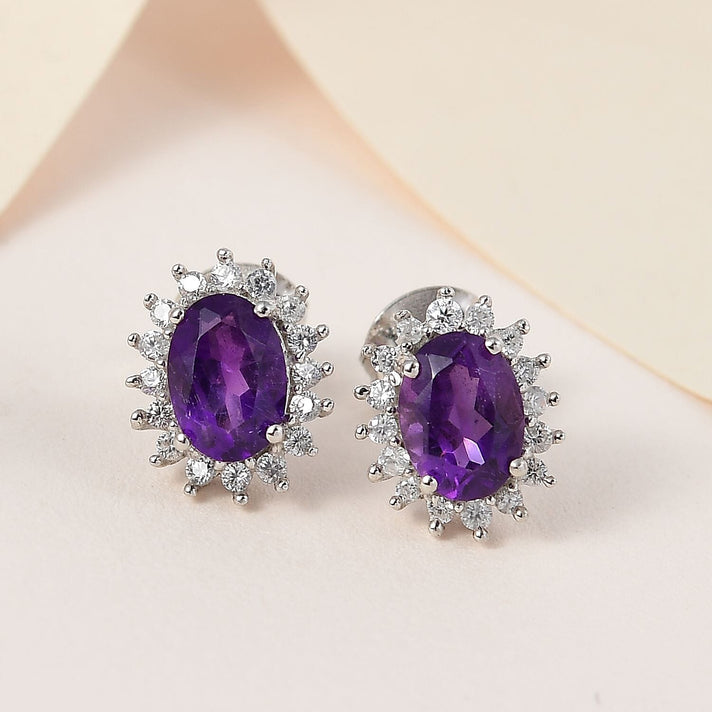 Rainbow Moonstone June Birthstone Halo Stud Earrings with Cambodian Zircon in Platinum Overlay Sterling Silver 7363055 2