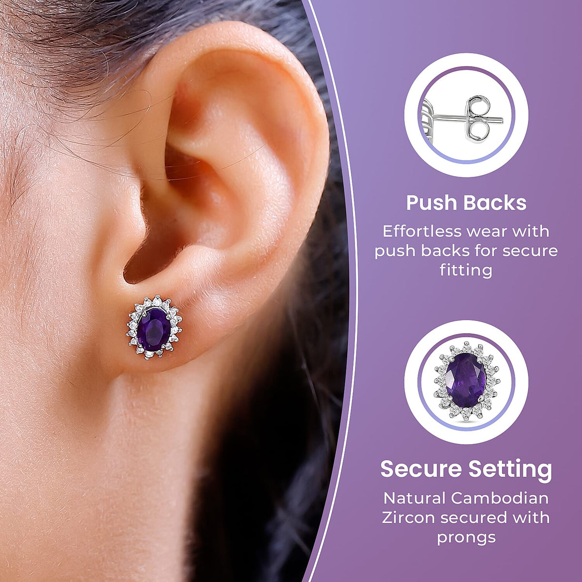 African Amethyst February Birthstone Halo Stud Earrings with Cambodian Zircon in Platinum Plated Sterling Silver 3811810 4