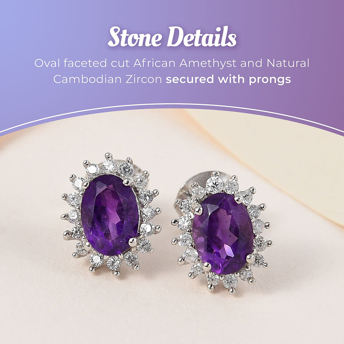 African Amethyst February Birthstone Halo Stud Earrings with Cambodian Zircon in Platinum Plated Sterling Silver 3811810 5