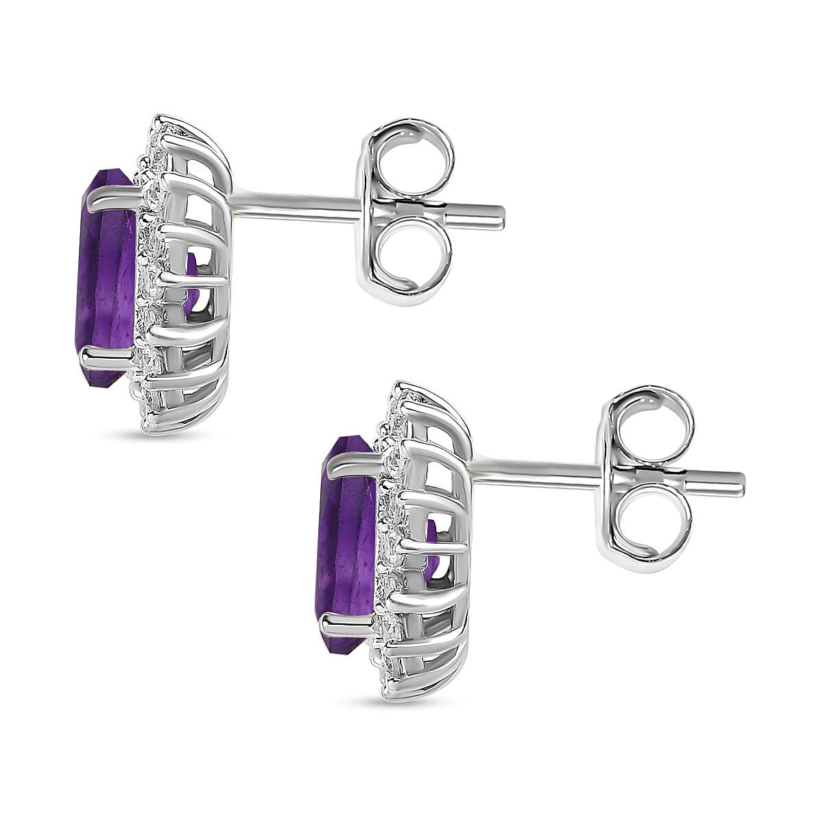 African Amethyst February Birthstone Halo Stud Earrings with Cambodian Zircon in Platinum Plated Sterling Silver 3811810 7