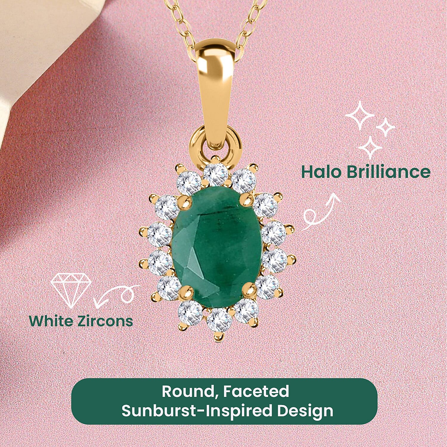 Emerald May Birthstone and Natural Zircon Halo Pendant with Chain (Size 20) in 18K Yellow Gold Vermeil Plated Sterling Silver 4139111 3