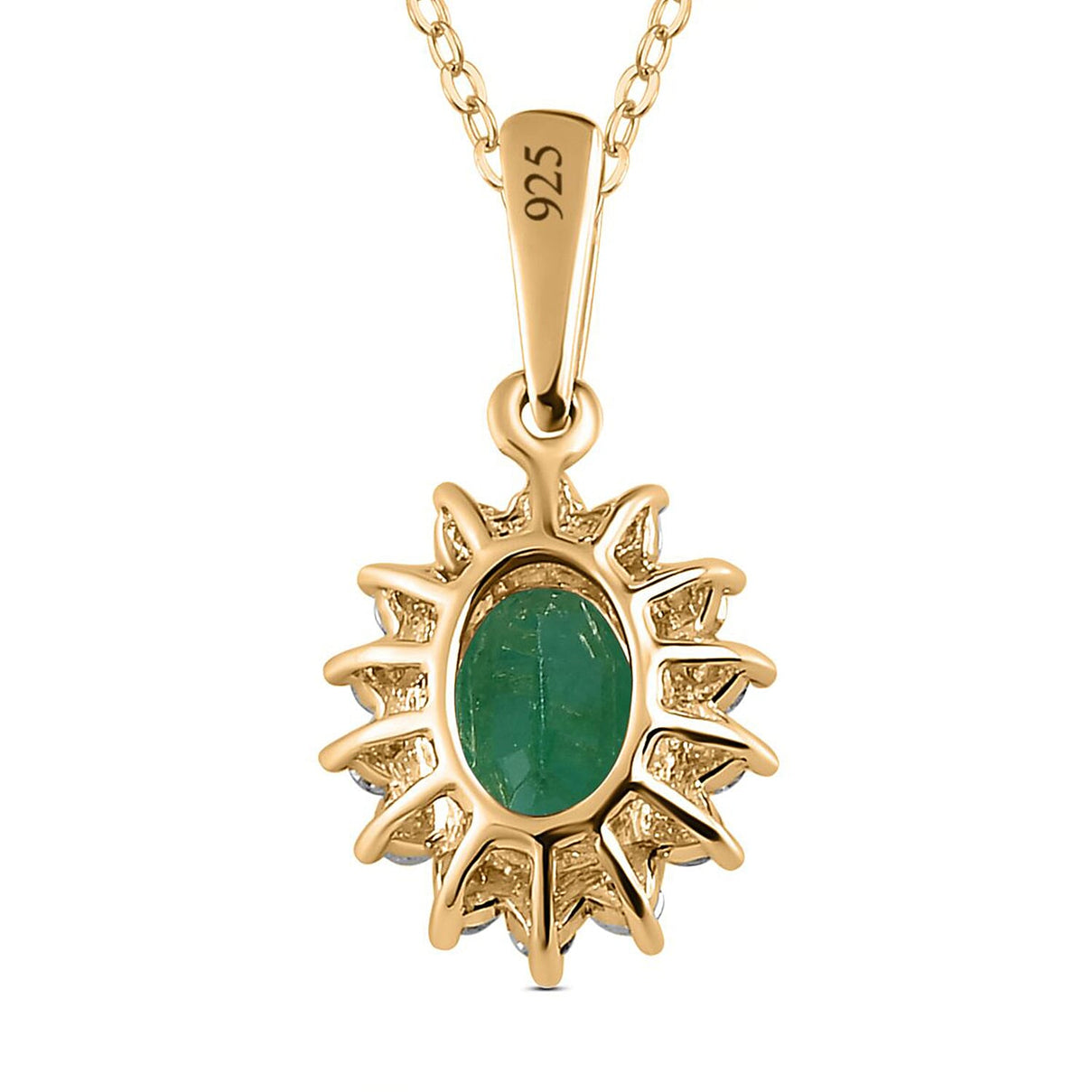 Emerald May Birthstone and Natural Zircon Halo Pendant with Chain (Size 20) in 18K Yellow Gold Vermeil Plated Sterling Silver 4139111 7