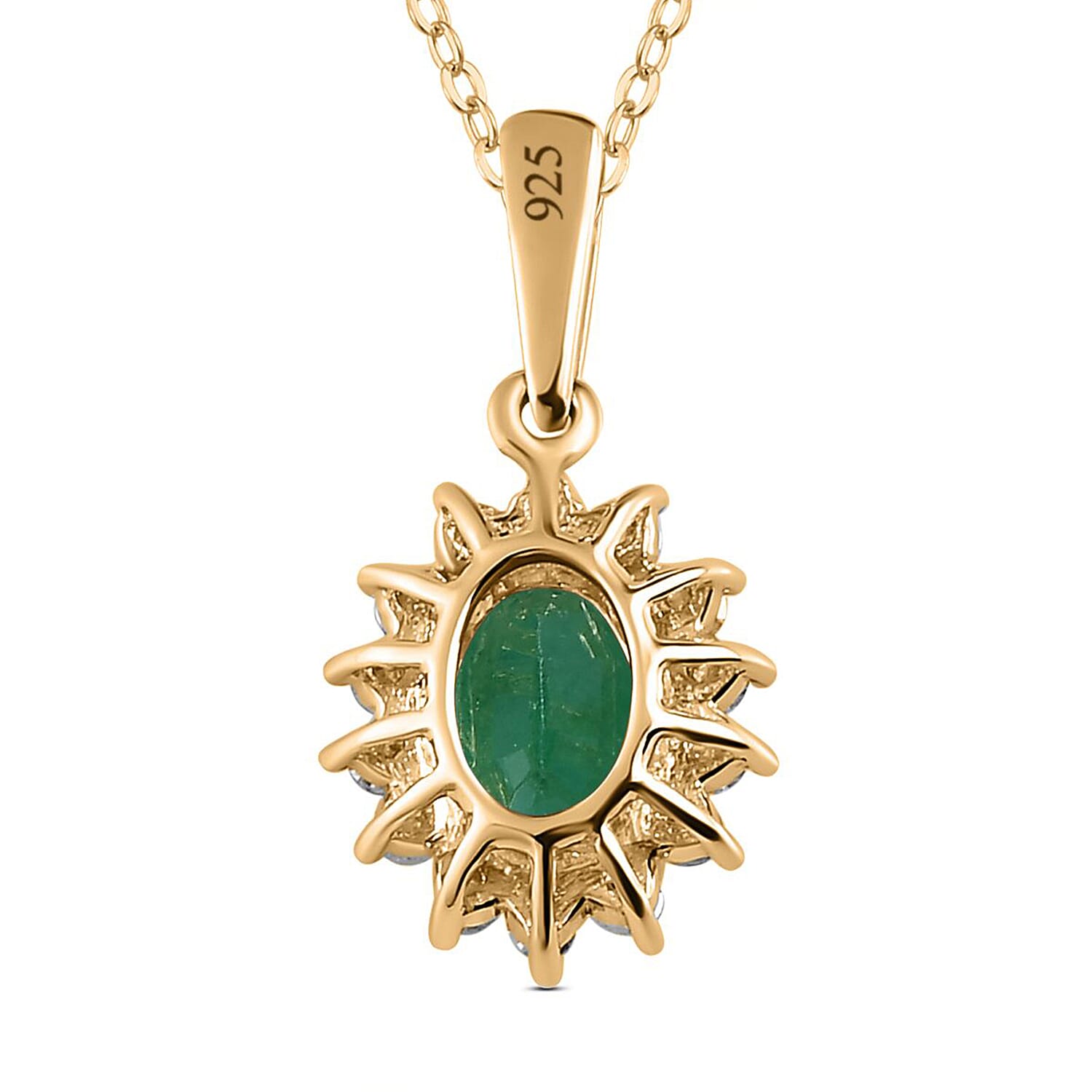 Emerald May Birthstone and Natural Zircon Halo Pendant with Chain (Size 20) in 18K Yellow Gold Vermeil Plated Sterling Silver 4139111 7