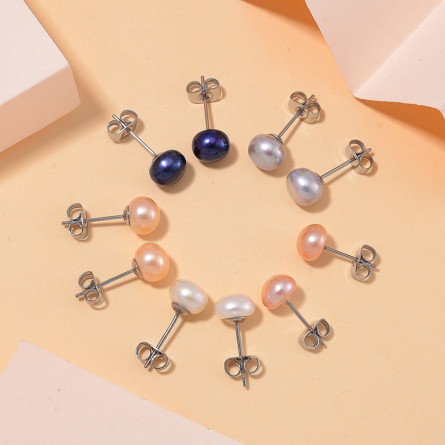 WOW Deal - Set of 5 - Multi Colour Fresh Water Pearl Stud Earrings with Push Backs 12.50 Ct. V32364382 2