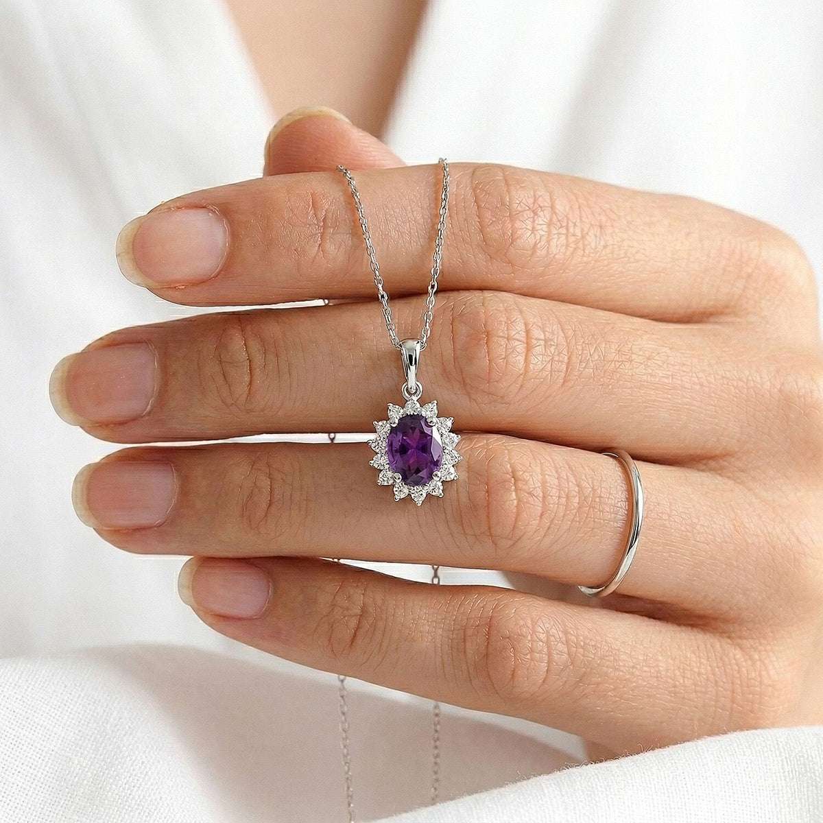 Amethyst February Birthstone and Natural Zircon Halo Pendant with Chain (Size 20) in Platinum Overlay Sterling Silver 4400801 8