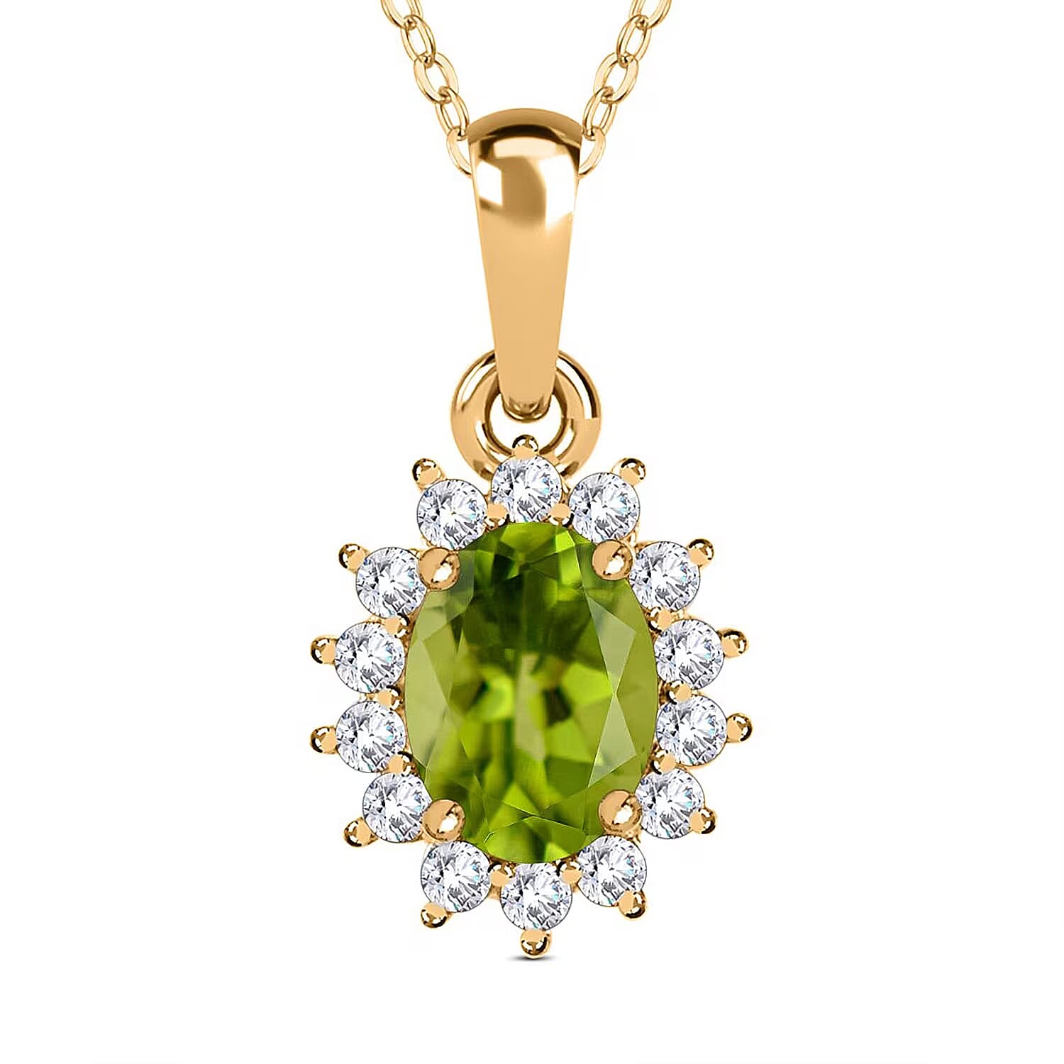 Hebei Peridot August Birthstone and Natural Zircon Halo Pendant with Chain(Size-20 with Lobster Clasp) in 18K Vermeil Yellow Gold Plated Sterling Silver 4400806 0