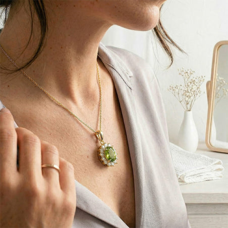 Hebei Peridot August Birthstone and Natural Zircon Halo Pendant with Chain(Size-20 with Lobster Clasp) in 18K Vermeil Yellow Gold Plated Sterling Silver 4400806 2