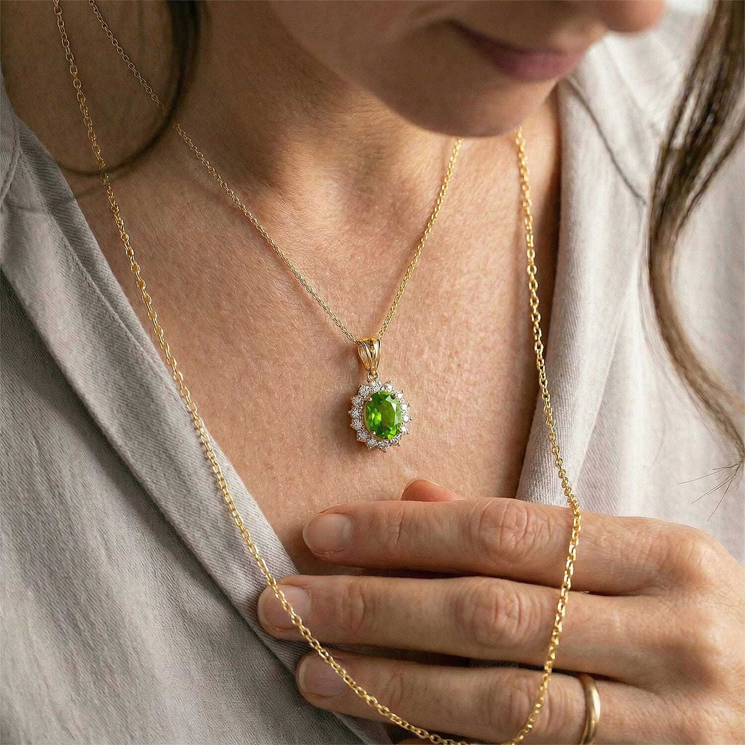 Hebei Peridot August Birthstone and Natural Zircon Halo Pendant with Chain(Size-20 with Lobster Clasp) in 18K Vermeil Yellow Gold Plated Sterling Silver 4400806 3