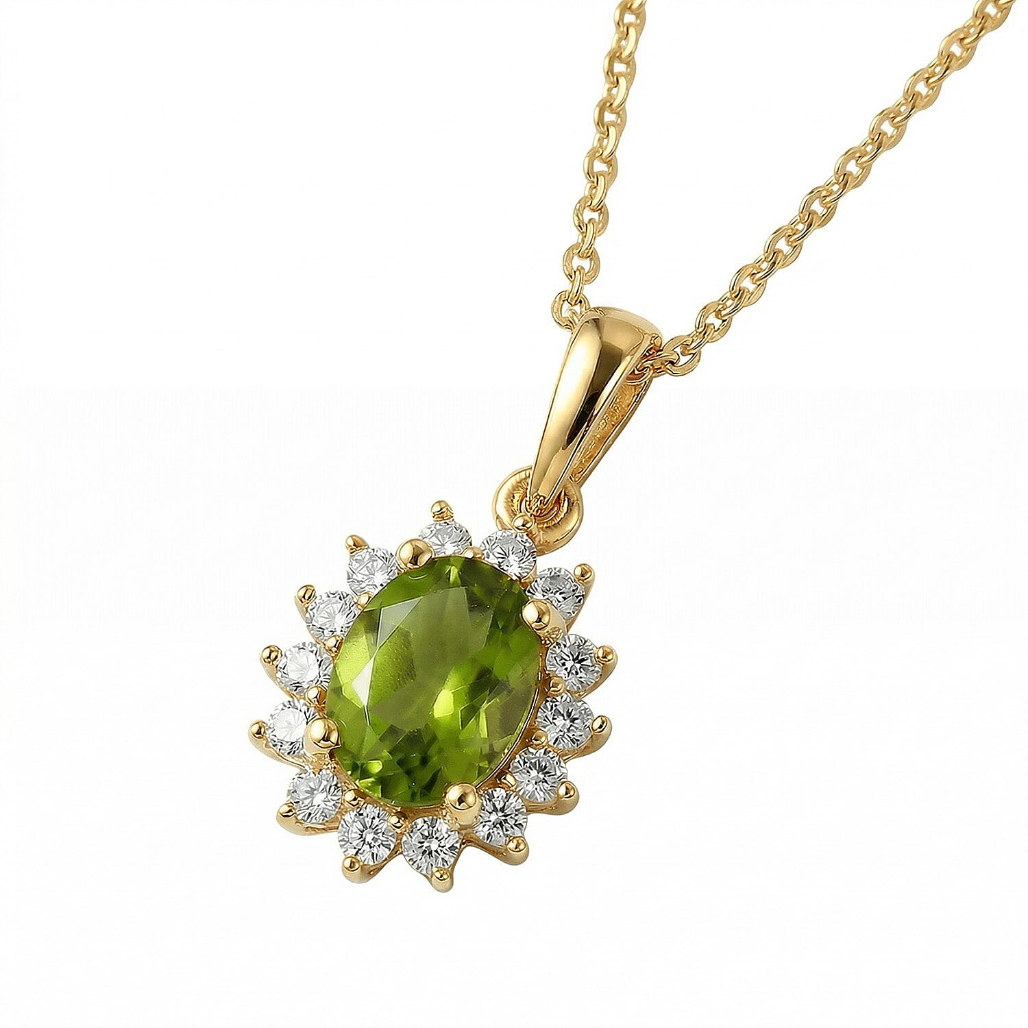 Hebei Peridot August Birthstone and Natural Zircon Halo Pendant with Chain(Size-20 with Lobster Clasp) in 18K Vermeil Yellow Gold Plated Sterling Silver 4400806 4
