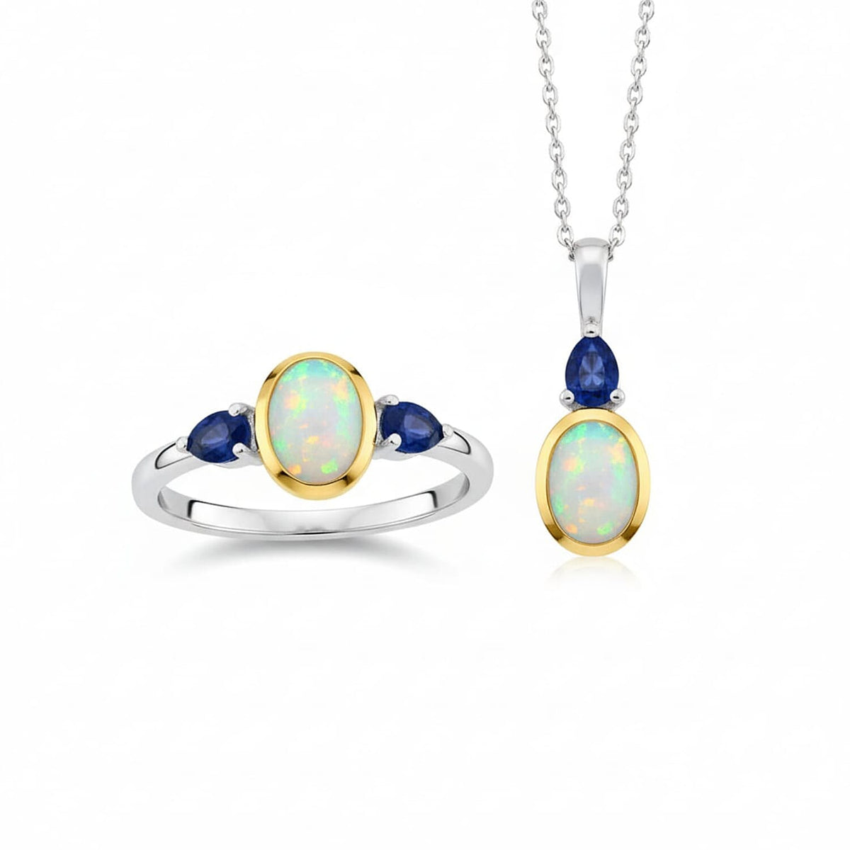 2 Piece Set - Ethiopian Opal &amp; Blue Sapphire Ring &amp; Pendant with Chain (Size 20) in Yellow Gold &amp; Platinum Plating Sterling Silver 1.73 Ct. 4406023 0