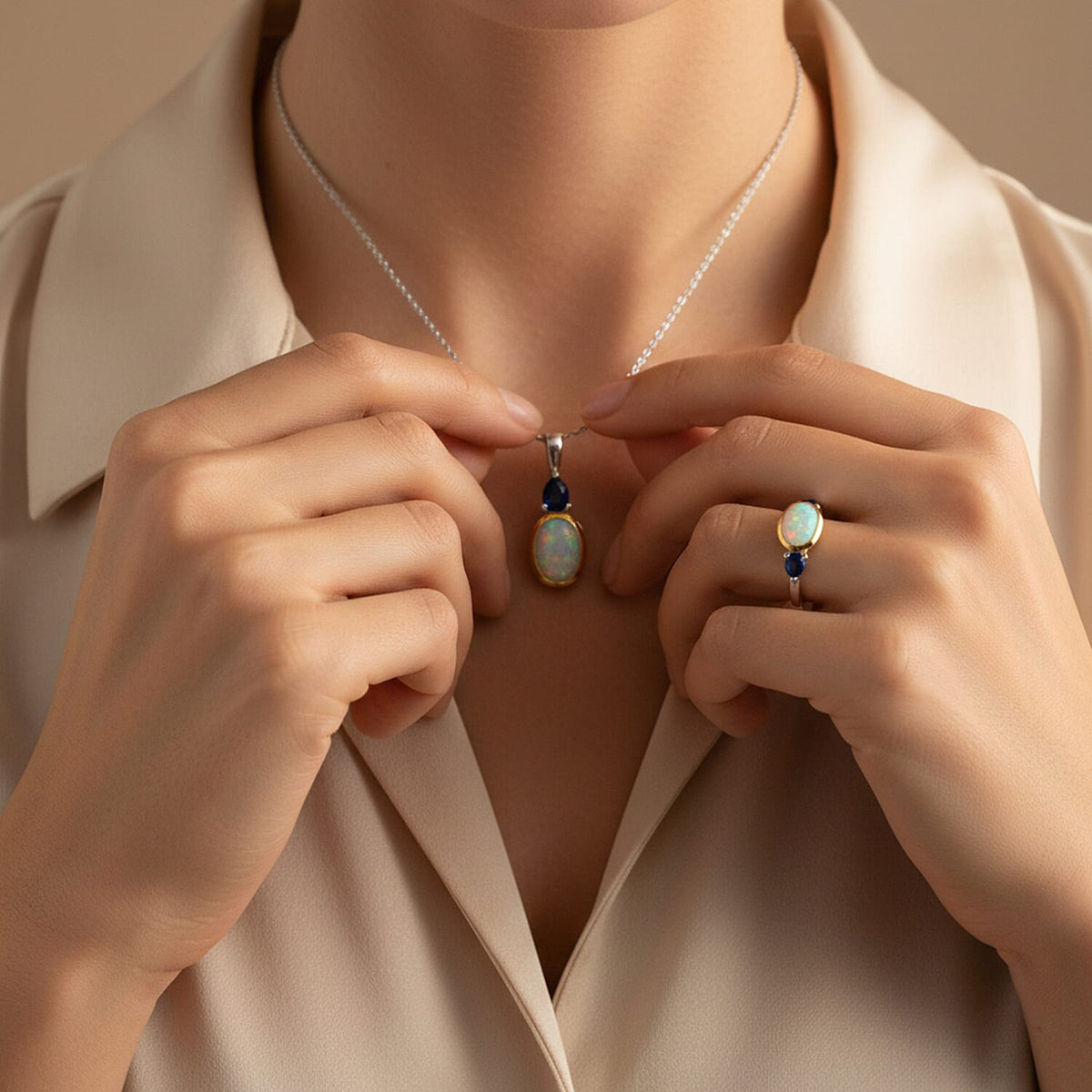 2 Piece Set - Ethiopian Opal &amp; Blue Sapphire Ring &amp; Pendant with Chain (Size 20) in Yellow Gold &amp; Platinum Plating Sterling Silver 1.73 Ct. 4406023 1