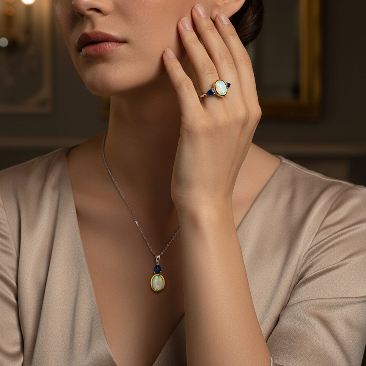 2 Piece Set - Ethiopian Opal &amp; Blue Sapphire Ring &amp; Pendant with Chain (Size 20) in Yellow Gold &amp; Platinum Plating Sterling Silver 1.73 Ct. 4406023 2