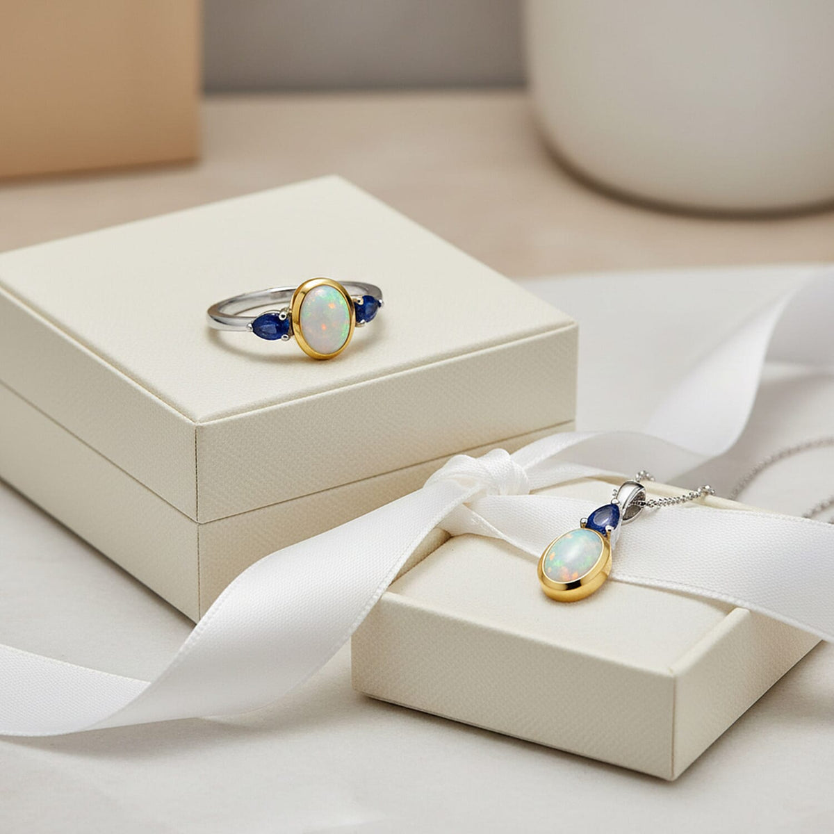 2 Piece Set - Ethiopian Opal &amp; Blue Sapphire Ring &amp; Pendant with Chain (Size 20) in Yellow Gold &amp; Platinum Plating Sterling Silver 1.73 Ct. 4406023 3