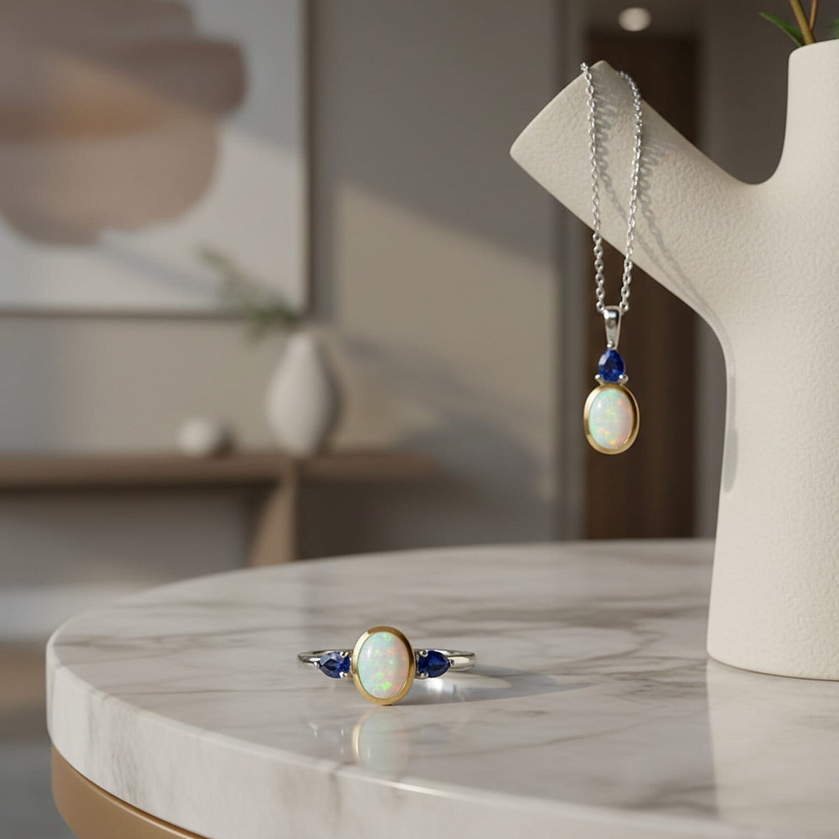 2 Piece Set - Ethiopian Opal &amp; Blue Sapphire Ring &amp; Pendant with Chain (Size 20) in Yellow Gold &amp; Platinum Plating Sterling Silver 1.73 Ct. 4406023 4