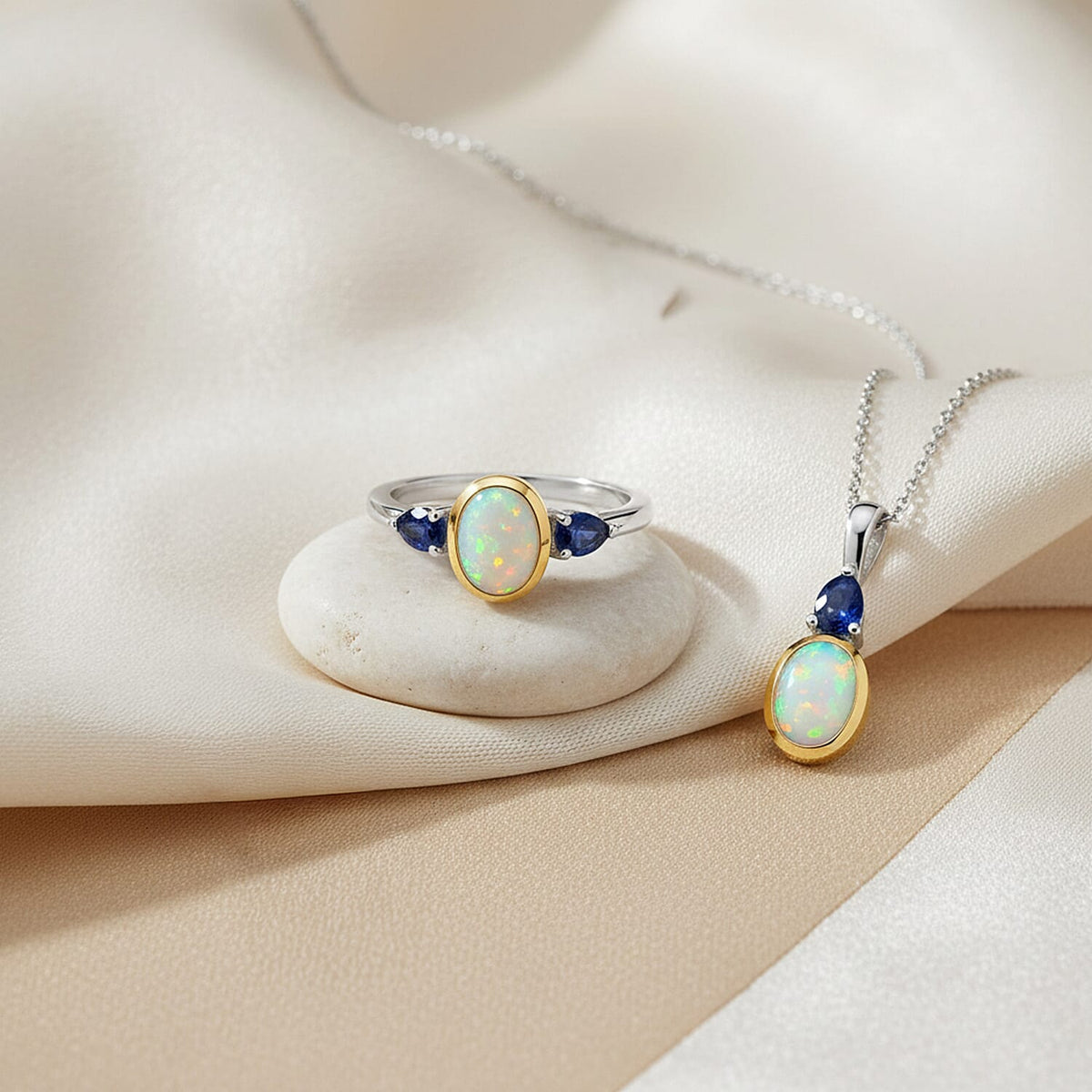 2 Piece Set - Ethiopian Opal &amp; Blue Sapphire Ring &amp; Pendant with Chain (Size 20) in Yellow Gold &amp; Platinum Plating Sterling Silver 1.73 Ct. 4406023 5
