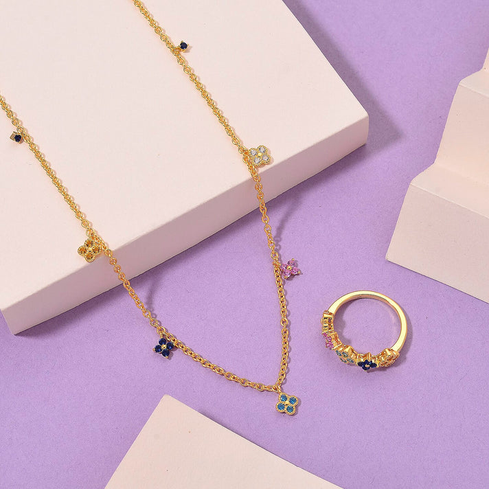 2 Piece Set -  D'Joy Multi Colour Cubic Zirconia Necklace (Size - 18) and Ring in Yellow Gold Plated Sterling Silver 2.52 Ct. 4434951 2