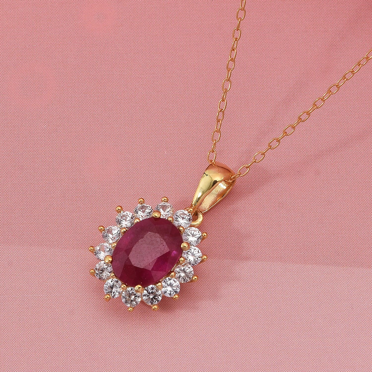 AAA African Ruby, White Zircon Sunburst Halo Pendant with Chain (Size 20) in Yellow Gold Plated Sterling Silver 2.69 Ct. 4453952 2