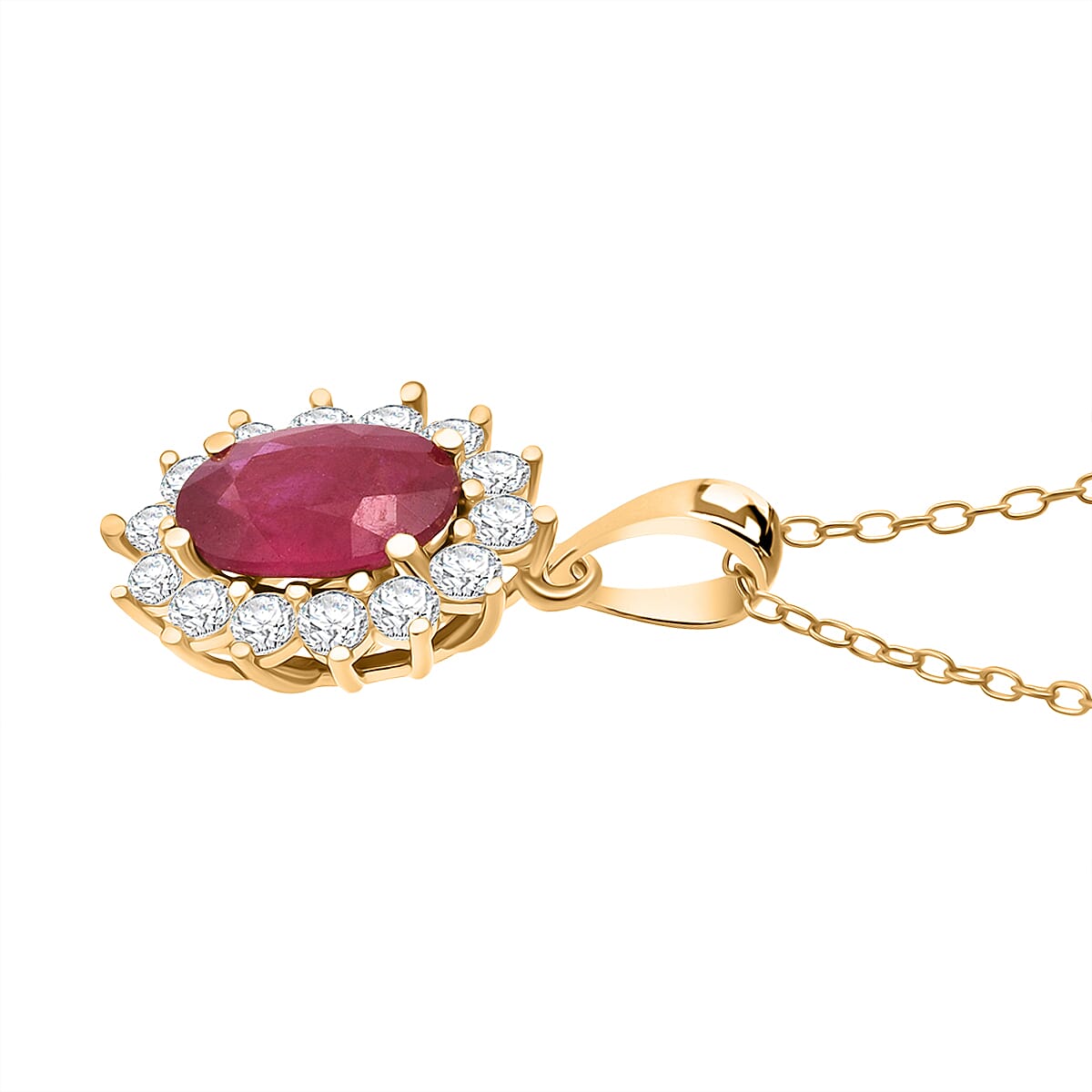 AAA African Ruby, White Zircon Sunburst Halo Pendant with Chain (Size 20) in Yellow Gold Plated Sterling Silver 2.69 Ct. 4453952 4