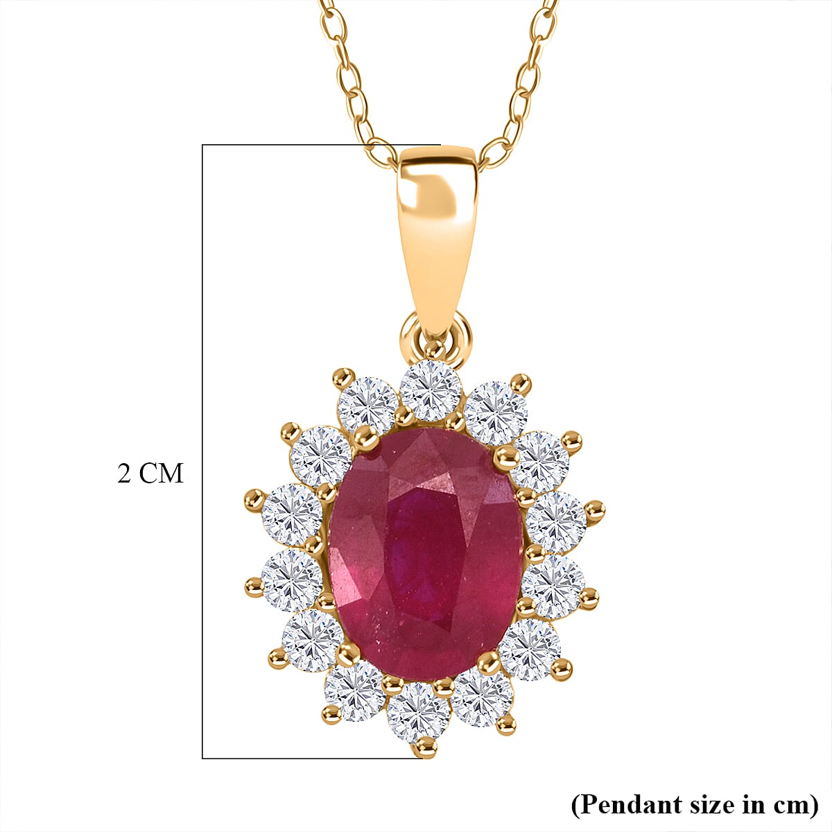 AAA African Ruby, White Zircon Sunburst Halo Pendant with Chain (Size 20) in Yellow Gold Plated Sterling Silver 2.69 Ct. 4453952 6