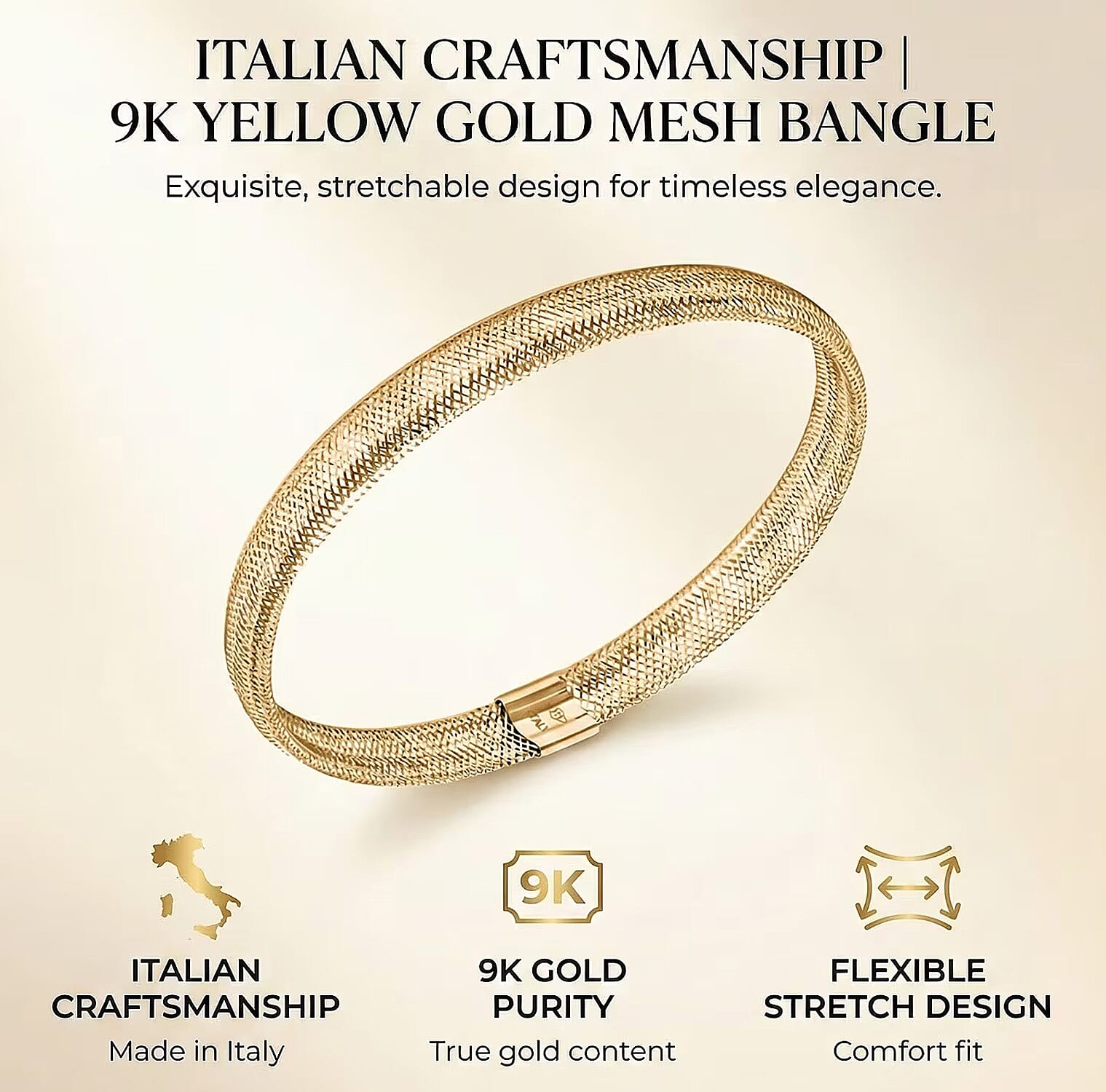 Italian Made 9K Yellow Gold Mesh Stretchable Bangle (Size - 7.25) 6025269 7